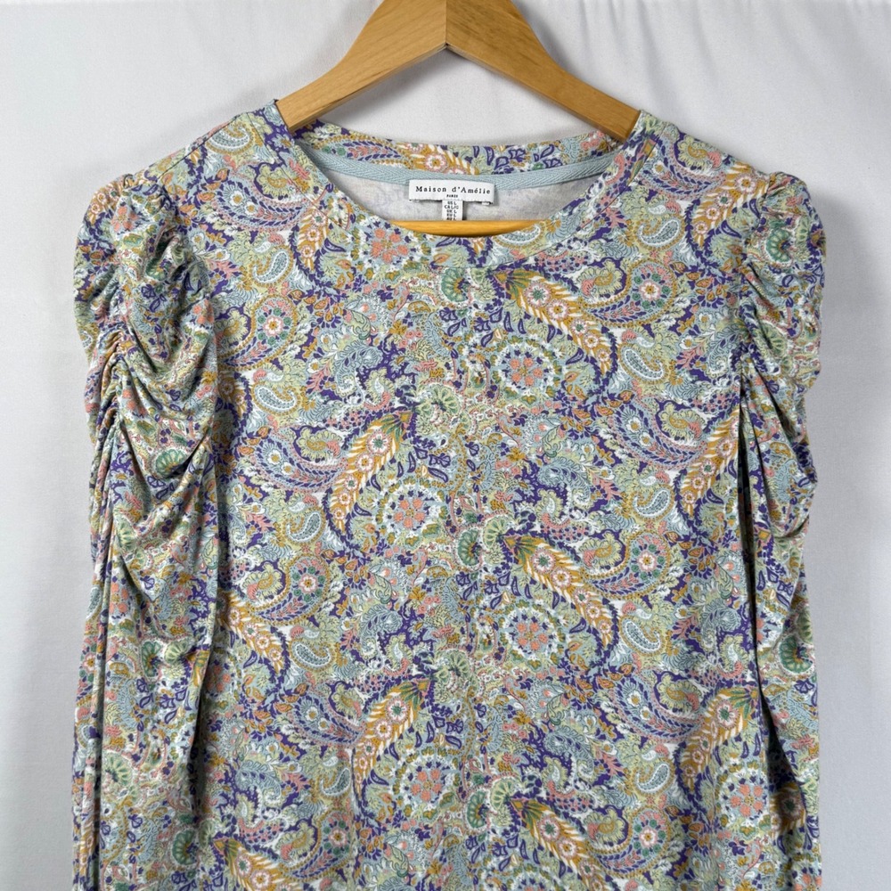 Maison d'Amelie Paris Womens L Paisley Ruched Puff Shoulder Long Sleeve Top - Picture 7 of 8